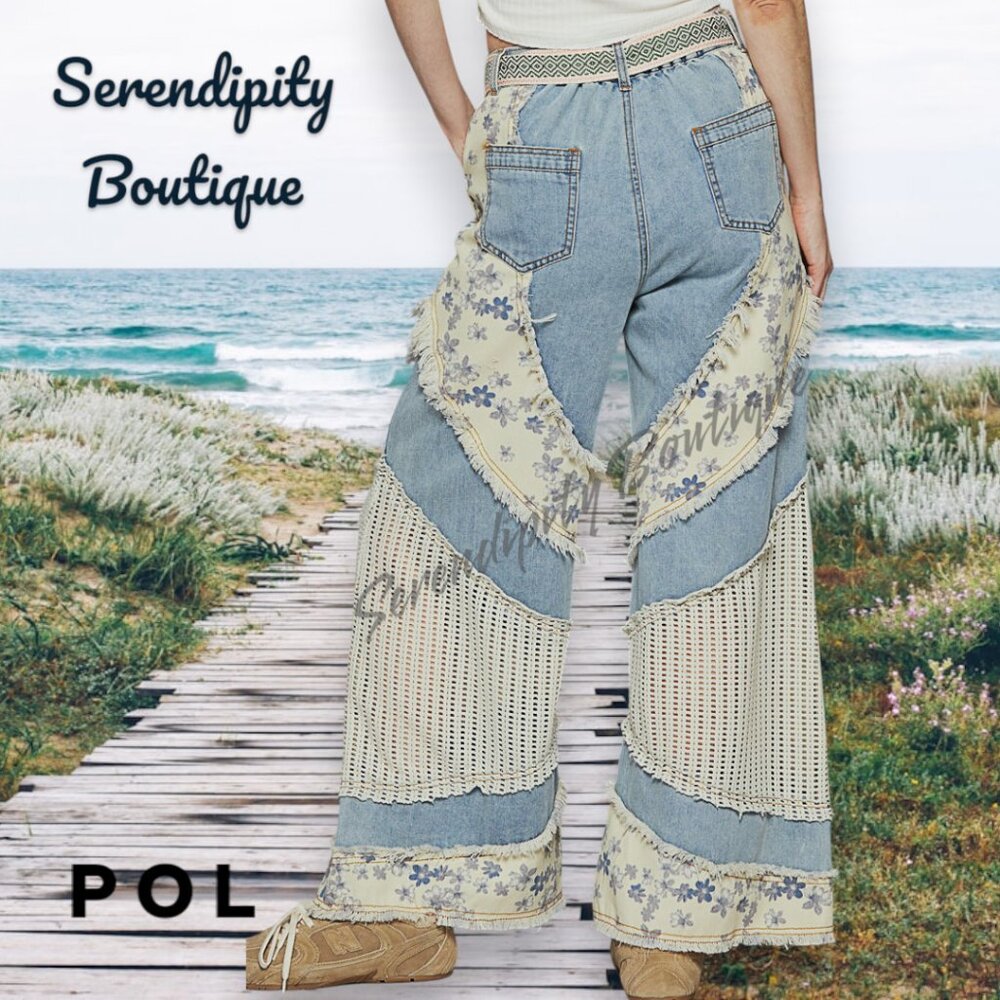 POL Crochet Patchwork Frayed Edge Boho Baggy Wide Flare Leg Cotton Denim Jeans - Picture 5 of 13